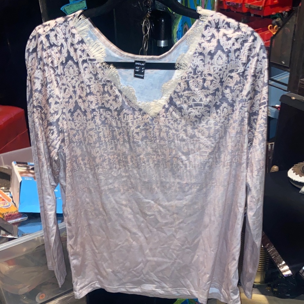 Delicate Lace-Trim Long Sleeve Top - Light Lavender